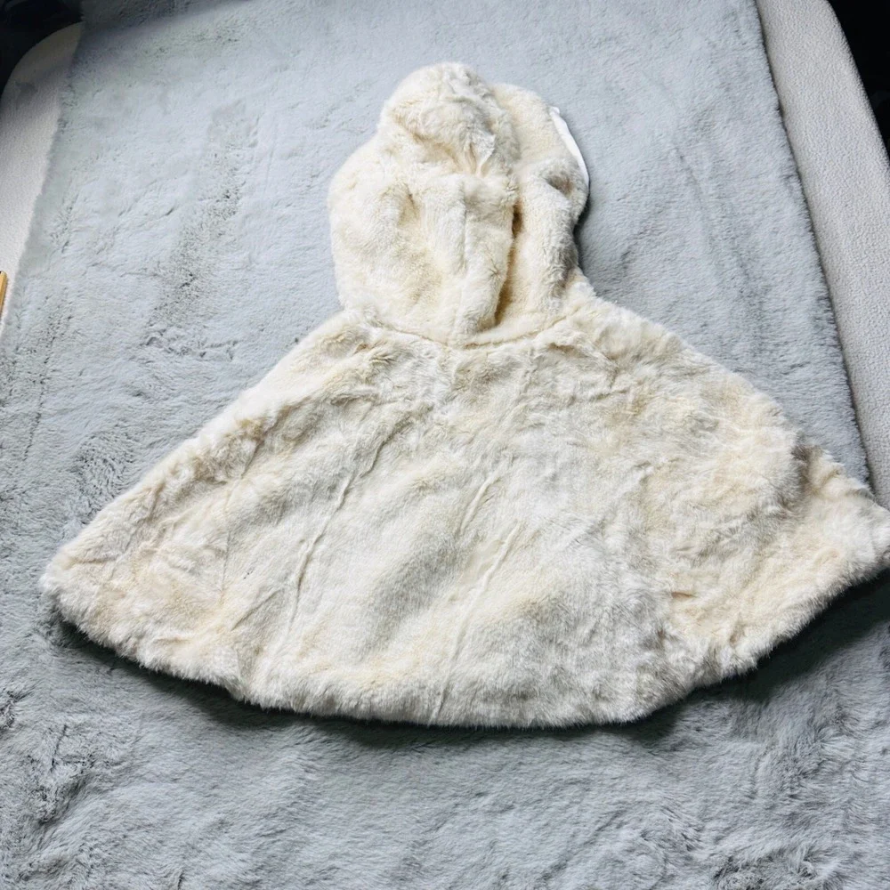 Monsoon Faux Fur Cape Girls 10-13 Satin Bow Tie Hooded Ivory Classic Quality